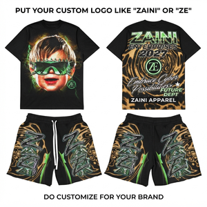 ชุดเซ็ตเสื้อคอกลมแขนสั้นสีดำเขียว ZAINI 280 GSM พรีเมียม ผ้าเฟรนช์เทอร์รี่โพลีเอสเตอร์ 100% ระบายอากาศได้ดี พร้อมปักโลโก้ด้านหน้าตามสั่ง - Product Image 1