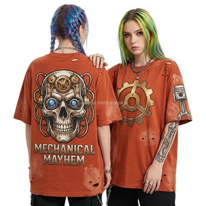 Camiseta Extra Grande de Algodón Desgastado de 240 g/m² Personalizada para Mujer, con Estampado Gráfico Steampunk de Mechanical Mayhem, Lavado Vintage - Product Image 1