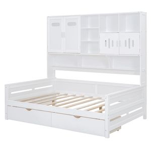 Letto a giorno in legno bianco all-in-one con 2 cassetti e ripiano, letto matrimoniale - Product Image 5