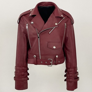 Blouson moto en cuir véritable noir gaufré avec fermeture éclair, manches longues, col ouvert, style court pour femme, automne - Product Image 6