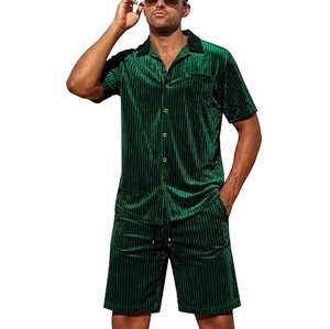 Wholesale OEM Service Velour Short Sleeve Shirt & Shorts <b>Set</b> Turn-down Collar Brown Color Loose Fit Fitness Velvet Tracksuits - Product Image 5