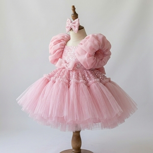 Vestido de Princesa con Lentejuelas Rosas para Niñas, con Mangas Abullonadas de Organza y Lazo, para Fiestas de Cumpleaños, Desfiles, Damas de Honor y Sesiones de Fotos - Product Image 2