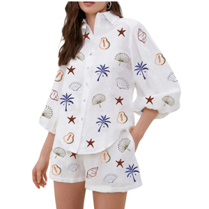 Conjunto de Verano de Dos Piezas para Mujer, Casual, Corto, de Algodón Ecológico, Transpirable, con Lentejuelas y Bordado a Mano - Product Image 1