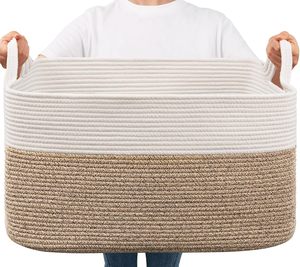 Modern Eco-Friendly <b>Foldable</b> 75L Large Woven Cotton Rope Storage <b>Basket</b> 21.6x14.9x11.8 Inches Rectangle White Light Brown - Product Image 1