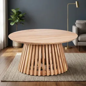 Table basse ronde moderne en bois massif à lattes, quatre places, pour salon, ferme, hôtel, intérieur de maison - Product Image 6