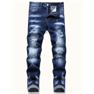 Style <b>Jeans</b> High Quality Heavyweight Cotton Stretch Distressed Straight Streetwear Pants Hip Hop High <b>Men's</b> Distressed Trouser - Product Image 1