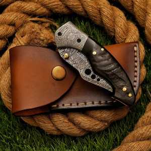 Damascus Steel Folding Pocket <b>Knife</b> – Stag Horn <b>Bone</b> <b>Handle</b>, Damascus Bolster Brass Pin on <b>handle</b> with Leather Sheath - Product Image 5