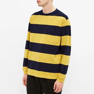 Camiseta de manga larga a rayas para hombre, cuello redondo, corte regular, tejido de algodón, estilo casual, color amarillo azul marino, camiseta para hombre - Product Image 3