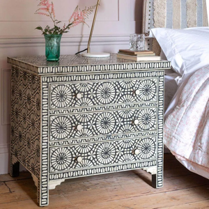 Eclectic Wood Chest Of <b>Drawers</b> With Geometric Inlay Pattern 3 <b>Drawer</b> <b>Storage</b> Cabinet <b>For</b> Bedroom Furniture - Product Image 1