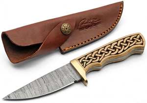 Handcrafted Damascus Steel Kitchen Utility Carving <b>Knife</b> Carved <b>Bone</b> <b>Handle</b> Sheath - Product Image 1