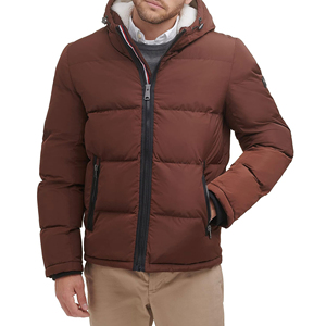 Veste matelassée à capuche pour homme, marron, polyester, rembourrée de duvet, coupe-vent, manteau d'hiver décontracté, fermeture éclair, coupe régulière - Product Image 1
