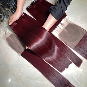 Best Seller Wholesale Price Weft <b>Hair</b> Bundle Bone Straight Customized Closure Cuticle Aligned 100% Human Raw <b>Hair</b> Burgundy Color - Product Image 1