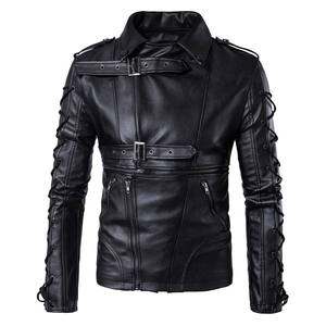 Men's Asymmetrical Zip <b>Leather</b> <b>Biker</b> <b>Jacket</b> with Lace-Up Sleeves Winter Waterproof Windproof Slim Fit Faux <b>Leather</b> Wholesale - Product Image 5