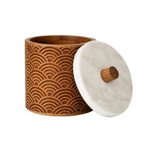 NOUVEAUTÉ Pot de rangement en bois avec sculpture à motif ondulé et couvercle en marbre, en bois de manguier artisanal, décoration moderne - Product Image 1