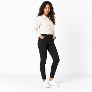 Veste en jean pour femme, style trucker, manches longues, col rabattu, fermeture boutonnée, coupe classique, automne-hiver, respirante et coupe-vent - Product Image 4