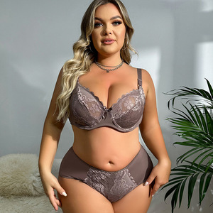 Ensemble soutien-gorge et culotte en dentelle grande taille pour femme, sans couture, tricoté, bonnet 3/4, lingerie coordonnée deux pièces, dos en U - Product Image 1