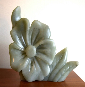 Elegant light green soapstone <b>flower</b> carving mounted on a white rectangular marble base, available at wholesale prices. - Product Image 5