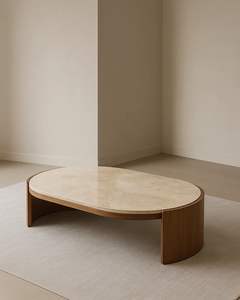 Table basse ovale moderne en teck avec plateau en marbre - Product Image 1