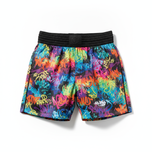 Shorts imprimés graffiti colorés unisexes, shorts de combat à séchage rapide, coupe régulière pour adultes - Product Image 1
