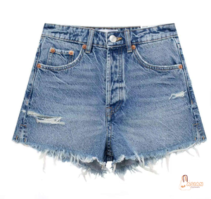 Shorts de mezclilla de cintura alta para mujer, estilo boyfriend, desgastados, con dobladillo deshilachado, casuales de verano, de algodón - Product Image 1
