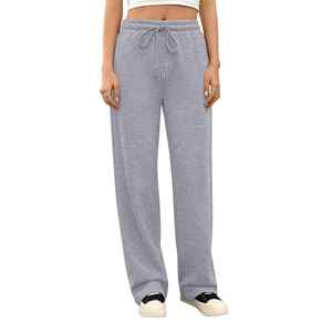 Pantalon de jogging décontracté pour femme, coupe large, taille haute, avec cordon de serrage, couleur unie, ample, longueur intégrale, en coton tricoté, pour l'automne - Product Image 2