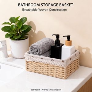 Vintage Paper Rope <b>Storage</b> <b>Baskets</b> Small <b>Rectangular</b> <b>Baskets</b> with Fabric Lining and Lace Trim for Home Bedroom Bathroom - Product Image 6