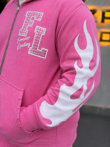 Men's <b>Pink</b> Hooded Zip-Up Sweatshirt Oversized Fit Streetwear Rhinestone Letter Print Front Regular Sleeve FRENCH TERRY <b>Hoodies</b> - Product Image 4