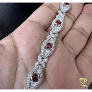 Luxury Moissanite Diamond Oval Link <b>Bracelet</b> in 925 Sterling Silver with <b>Ruby</b> Red Round Center Stones and Iced Finish - Product Image 3