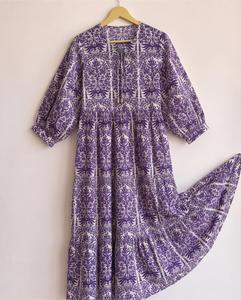 Boho Purple Floral Print Maxi Dress Women's Loose Fit <b>Three</b> Quarter Puff Sleeve Tie Neck Asymmetrical Hem Summer Casual Dress - Product Image 6