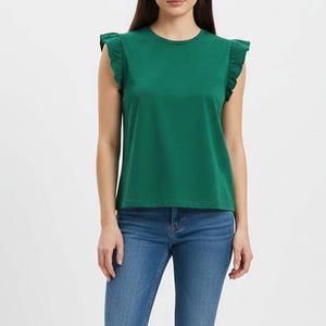T-shirt décontracté en coton doux pour femme, sans manches, à volants sur les épaules, vert, 100 % coton, vente en gros, nouvelle collection - Product Image 6