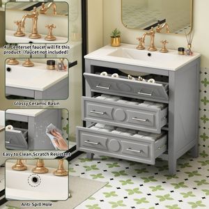 Mobile Bagno Autoportante con Struttura in Legno Massello, Lavabo Singolo da 30 Pollici con 3 Cassetti, Lavabo in Ceramica, Armadietto Contenitore da Bagno da 30 Pollici - Product Image 5