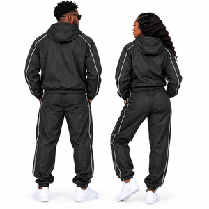 Unisex Black Hooded Tracksuit Set With <strong>White</strong> Stripe Casual Lightweight Polyester <strong>Joggers</strong> And Jacket For Adults Autumn Wear - Product Image 1