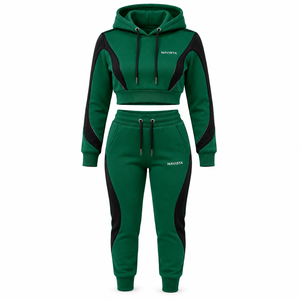 Women's New Quality 100% Cotton Fleece Streetwear Crop <b>Top</b> Short Set Zip-Up Hoodie Tracksuit Winter Sports Clothing - Product Image 3