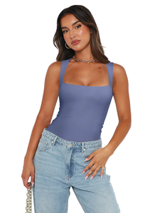 FANSTON Women's Slim-fit Square Collar Short Sleeve Anti-Pilling Elegant Knitted <b>Camisole</b> in Polyester Spandex Dobby Fabric - Product Image 5