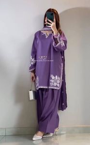 Purple Cotton Salwar Kameez With White Embroidery Pure Roman Cotton Embroidery Work <b>Top</b> & Farshi Salwar & Tabby Organza Dupatta - Product Image 3