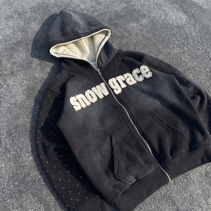 เสื้อฮู้ดซิป Snowgrace ผ้าเฟรนช์เทอร์รี่ พิมพ์ลายพัฟฟ์ ทรงโอเวอร์ไซส์ ยูนิเซ็กส์ สไตล์ลำลอง สำหรับฤดูหนาว สีดำ - Product Image 5