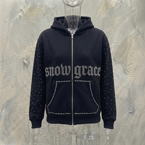 Sweat-shirt à capuche zippé Snowgrace avec imprimé lettres en strass, coupe oversize, unisexe, décontracté, pour l'hiver, manches régulières, en molleton bouclette - Product Image 3