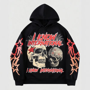 Sweat à capuche personnalisé à manches longues en molleton 100 % coton biologique, imprimé crâne, style vintage décontracté, avec cordon de serrage et épaules tombantes - Product Image 1