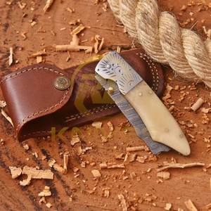 Wholesale Damascus Steel Folding Pocket <b>Knife</b> Natural <b>Bone</b> <b>Handle</b> Hunting Camping Survival EDC <b>Knife</b> with Leather Sheath - Product Image 5