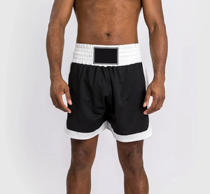 Shorts de boxe noirs pour hommes avec ceinture et bordure blanches, coupe régulière, respirants, en polyester, vêtements d'arts martiaux pour adultes - Product Image 1