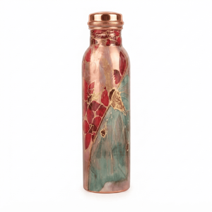 Botella de Agua de Cobre Hecha a Mano, Diseño Floral Artístico Rojo y Azul, Recipiente Metálico Reutilizable para Bebidas, Artesanía India al por Mayor, Regalo de Cocina, Exportación - Product Image 1