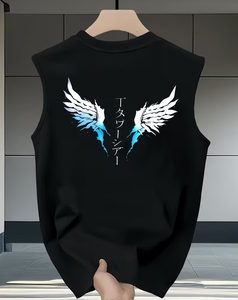 Men's <b>Black</b> Sleeveless Tank Top With White Blue <b>Wings</b> Print O-Neck Casual Wear Breathable Knitted Polyester - Product Image 1