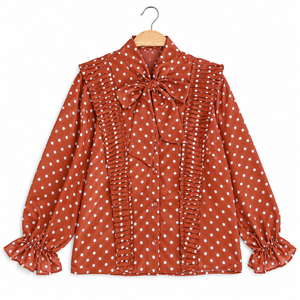 เสื้อเชิ้ตผู้หญิงลายจุด คอผูกโบว์ แต่งระบายจีบ แขนยาว สไตล์หรูหรา สำหรับใส่ทำงานออฟฟิศ ขายส่งจากซัพพลายเออร์บูติก - Product Image 1