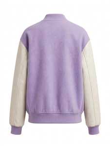 Purple Color Block PU Leather Embroidered Front Logo Windproof Winter Crew Neck Varsity Jacket Unisex Snap <b>Button</b> PEACE Patch - Product Image 2