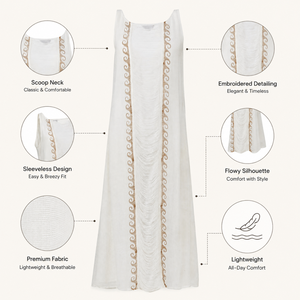 Robe longue bohème ivoire pour femme, col rond, sans manches, unie, tissée, légère et fluide, tenue décontractée pour l'été, la plage, les vacances et les stations balnéaires - Product Image 5