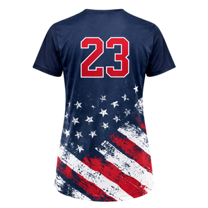 เสื้อซอฟต์บอลสำหรับผู้หญิง ทรงเข้ารูป พิมพ์ลายแบบ Dye Sublimation สีกรมท่า ลายธงชาติ ออกแบบเองได้ พร้อมหมายเลขทีมด้านหลัง - Product Image 3