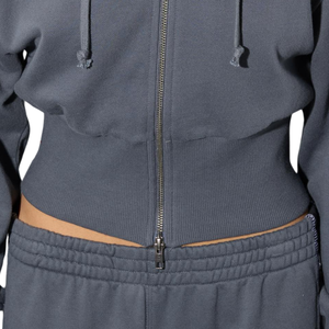 Custom Womens <b>Cropped</b> Full <b>Zip</b> Hoodie Two Tone Fleece Sweatshirt with Contrast Sleeve Panels Exposed Seams and Wide Ribbed Waist - Product Image 6
