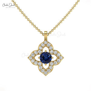Colgante Floral de Zafiro Azul Natural de Corte Redondo de 3mm y Diamantes Blancos Pavé en Oro Sólido de 14k, Diseño Moderno, Lote de Colgantes de Piedra Natal - Product Image 3
