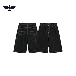 Shorts cargo décontractés en jean noir pour homme, coupe droite, taille basse, poches utilitaires imprimées avec surpiqûres, pour l'été, délavage clair, respirant - Product Image 4