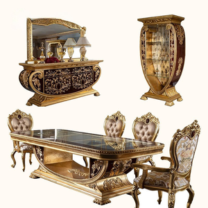 European Royal Classic Handmade Dining <b>Table</b> Set With Tempered Glass <b>Top</b> And <b>Wood</b> Legs For Home Furniture - Product Image 6